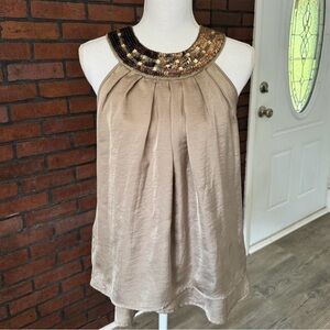 A Diva Beaded Halter Top Small Champagne Satin Keyhole Back Boho‎